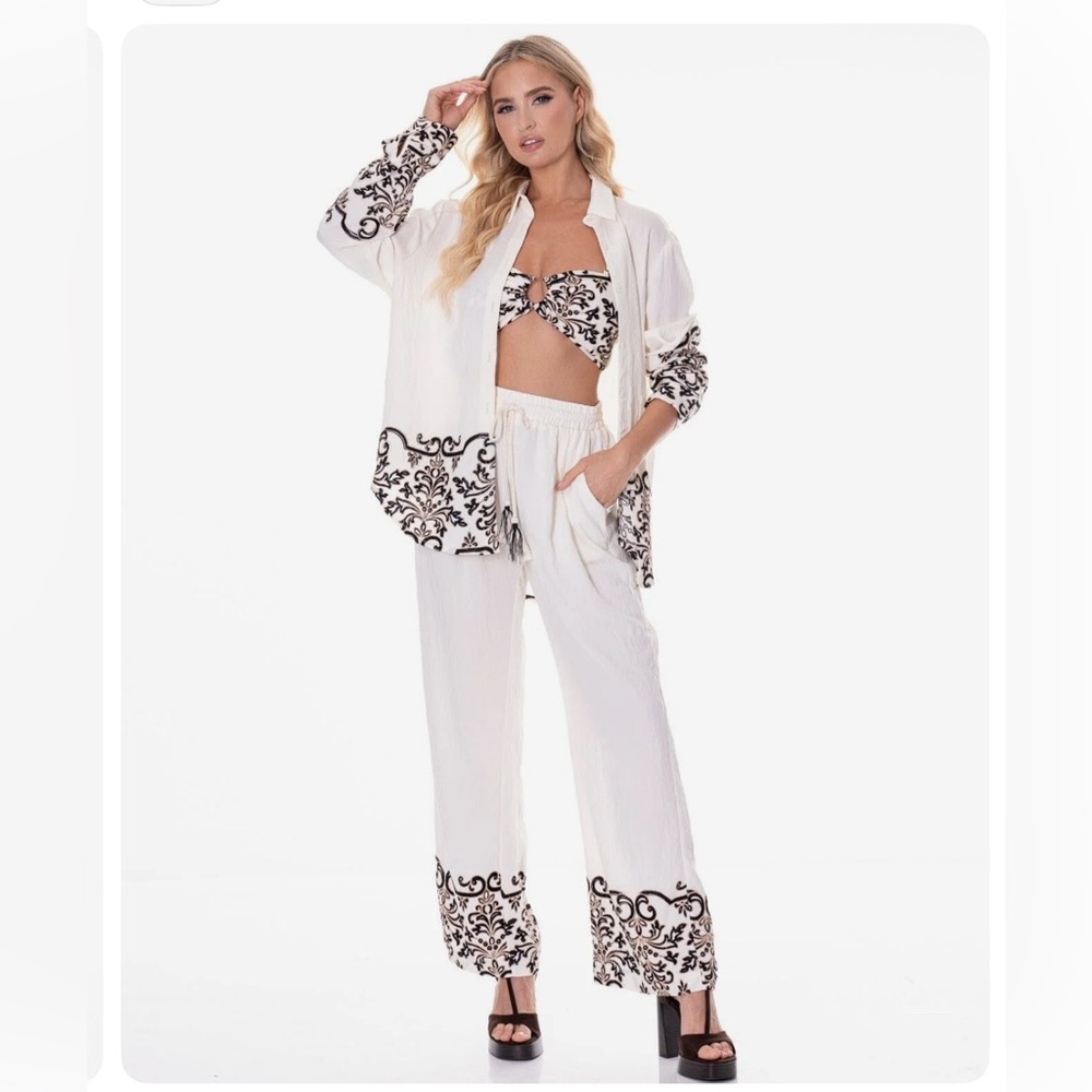 Women's White Printed Wide-Leg Pants - 3 Piece Coordinating Set